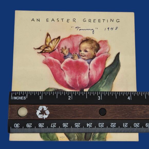 1947 Marjorie Cooper Easter Baby Inside Tulip Butterfly Vintage Rust Craft Card - Picture 8 of 10